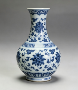 Chinese Ming-Style Blue and White Porcelain Vase with Lotus Scrolls