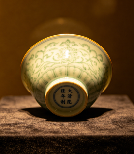 Chinese Qianlong-Style Green Enameled Porcelain Bowl with Floral Scrolls, Marked "Da Qing Qianlong Zhi"