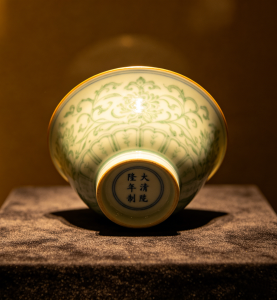 Chinese Qianlong-Style Green Enameled Porcelain Bowl with Floral Scrolls, Marked "Da Qing Qianlong Zhi"